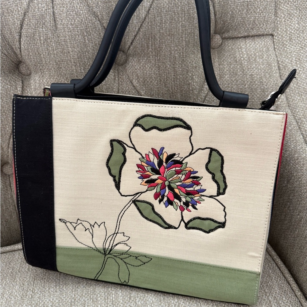 Talbots Cream and Black Embroidered Floral Tote Bag